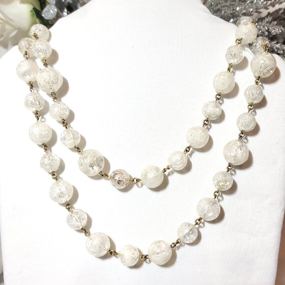 🎀1970s Vintage Icy Clear Art Deco Rock Crystal Crackled Beaded 18" Necklace - Picture 2 of 10